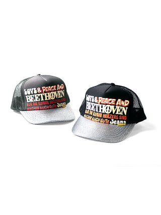 LOVE PEACE AND BEETHOVEN SILVER BRIM TRUCKER HAT